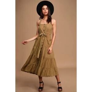 Free People Catch The Breeze Button Front Midi Dress in tan khaki